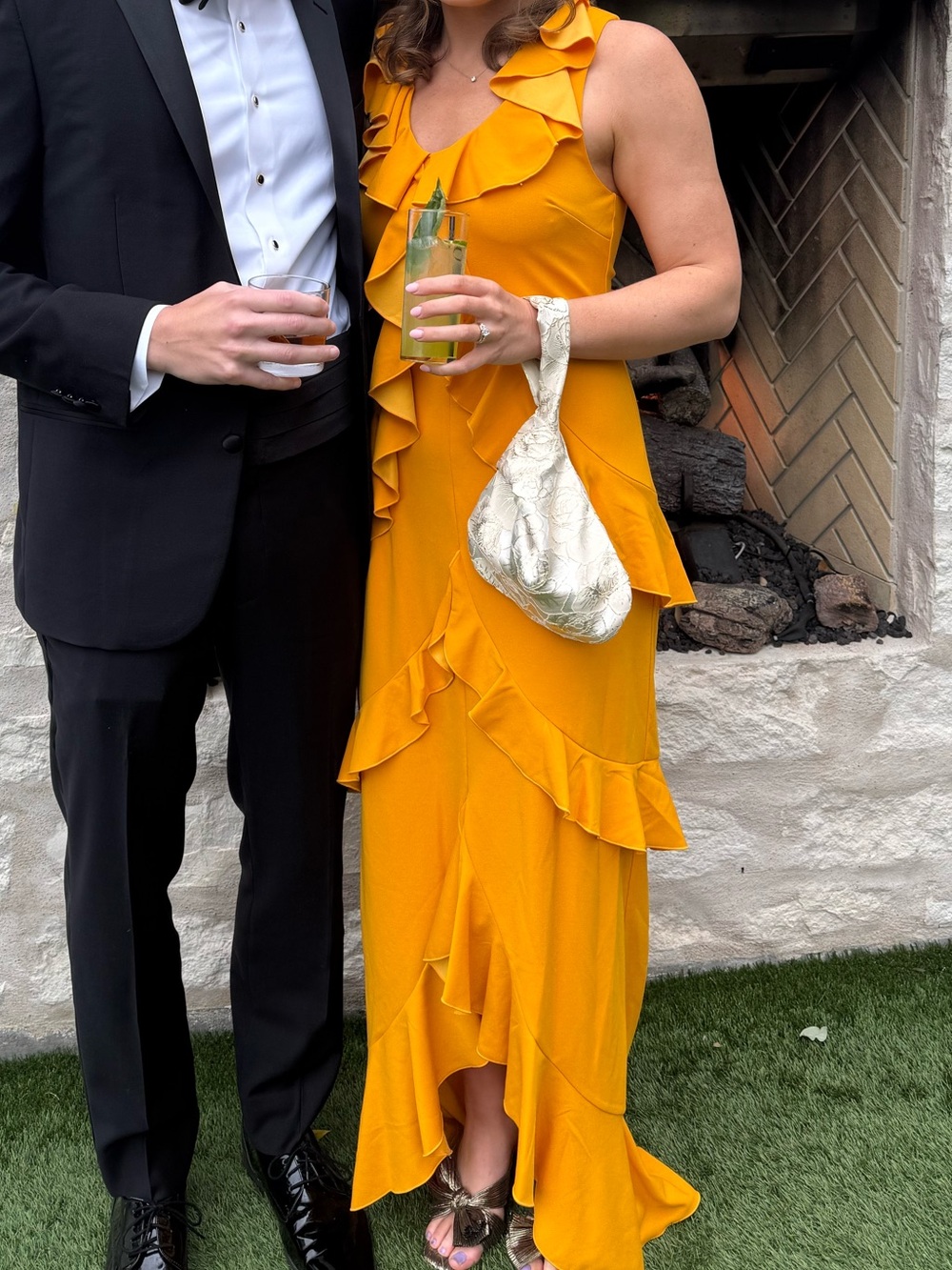 Badgley Mischka Mustard Yellow Ruffle Maxi Dress